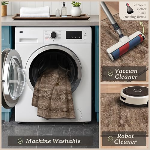 JTJ 3-Piece Kitchen Rug Set with Runner, Washable Non-Slip Farmhouse Kitchen Mats for Sink, Floor, Entryway, Hallway & Laundry Room, Low Pile Distressed Vintage Floor Rugs, Brown - color: Brown