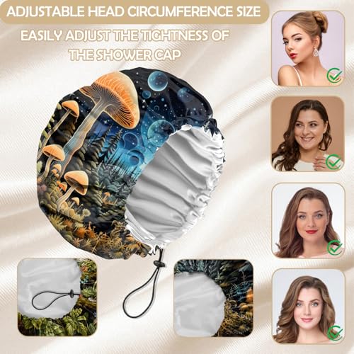 2 PCS Shower Cap Adjustable Reusable Double Waterproof Layer Elastic Hair Bath Cap Cute Aesthetic for Women Girls-Two Mushrooms - color: I25-Two Mushrooms