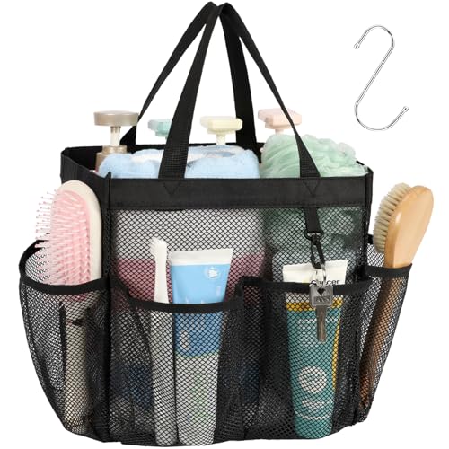 Mesh Shower Caddy Portable - 8 Pockets, S-Hook, Shower Bag for Dorm Camping | 2-Handle, Quick-Dry, Hanging Toiletry Organizer, College Dorm Room Essentials for Girls, Gym, Travel & Bathroom, Black - color: 1 Pack L Black, size: L (Classic Dorm Caddy)
