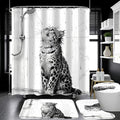 4 Piece Black and White Shower Curtain Set with Rugs, Cute Leopard Taking a Shower Art, Aesthetic Funny Animal Waterproof Fabric Bathroom Decor, Non-Slip Mat, U-Shaped Rug & Toilet Lid Cover - color: White
