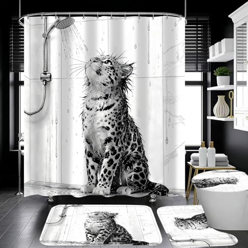 4 Piece Black and White Shower Curtain Set with Rugs, Cute Leopard Taking a Shower Art, Aesthetic Funny Animal Waterproof Fabric Bathroom Decor, Non-Slip Mat, U-Shaped Rug & Toilet Lid Cover - color: White