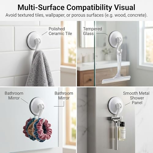 Heavy Duty Suction Cups with Hooks, Waterproof Shower Towel Holder | for Bathroom Wall Tile, Removable No-Drill Vacuum Suction Cup with Hook for Glass Door & Loofah, 4 Pack, White