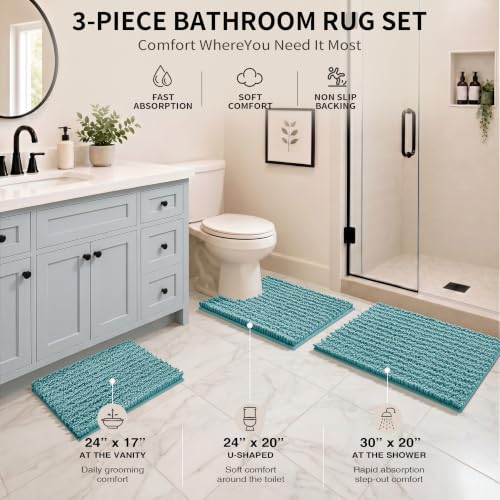 Yimobra Bathroom Rug Set 3 Piece - Super Absorbent Quick Dry Chenille Bath Mats & Toilet Rug, Non Slip Machine Washable, Extra Thick Shaggy Floor Mat for Shower Tub Sink, Teal Blue - color: Teal Blue, size: 24"x17" + 24"x20" + 30"x20"