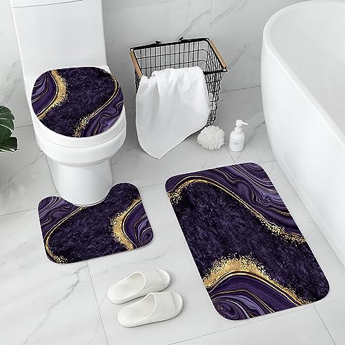 Gibelle 4 Pcs Luxury Marble Shower Curtain Set with Non-Slip Rugs, Toilet Lid Cover and Bath Mat, Gold Foil Purple Bathroom Decor Set with Shower Curtain and Rugs and Accessories - color: Purple