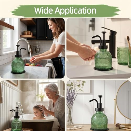 Vintage Glass Soap Dispenser 2 Pack for Bathroom Kitchen, with Black Pump and Non-Slip Mat, Refillable for Hand Soap, Dish Soap, Lotion, Shower Gel, Modern Farmhouse Decor (8 oz, Green) - color: Green