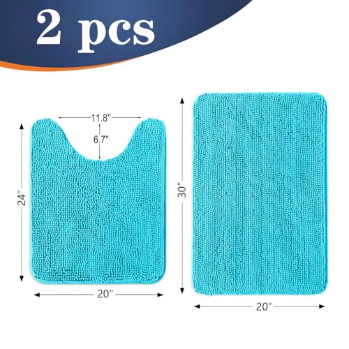 OLANLY Bathroom Rugs Sets 2 Piece, Soft Absorbent Chenille Bath Mats and U-Shaped Contour Toilet Mat Area Rug Set, Machine Washable Bath Carpet, Home Decor Accessories(30"x20"+24"x20", Aqua Sky) - color: Aqua Sky, size: 30" X 20" + U24" X 20"