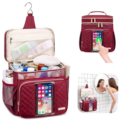 Tealari Large Toiletry Bag for Women Men,Bathroom Bag,Water Resistant Shower Bag,Makeup Bag,Portable Shower Caddy for College Dorm,Hanging Travel Toiletry Bag with Transparent Waterproof Phone Pocket - color: Wine Red