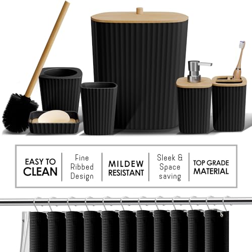 Clara Clark Bathroom Accessories Set - Bathroom Set, Bathroom Accessory Set, Shower Curtain Set, Toilet Brush, Trash Can & Soap Dispenser - Black - 20PC - color: Black, size: Complete Set