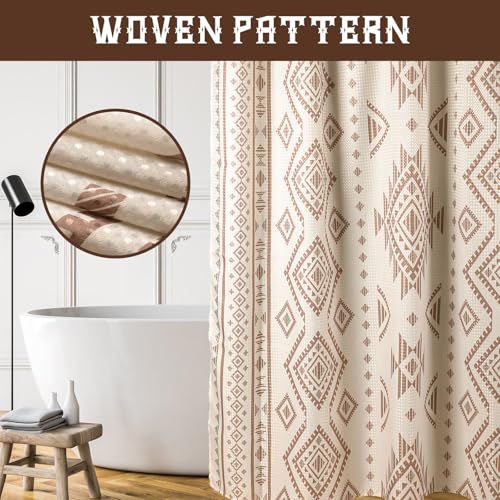 HunnmingRe Western Shower Curtain Waffle Southwest Aztec Geometric Stripes Fabric Shower Curtain Set with Hooks for Bathroom 72 x 72 Inches Farmhouse Boho Bath Curtains(Beige) - color: Beige