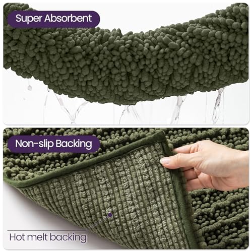 DEXI Bathroom Rug 16x24, Super Soft Thick Chenille Absorbent Bath Mat, Non Slip Machine Washable Fluffy Shag Bathmat for Tub, Shower Floor, Olive Green