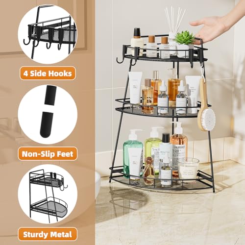 VITVITI 3 Tier Corner Bathroom Counter Organizer, Metal Bathroom Countertop Organizer Shelf Storage, Bath Room Sink Makeup Organizers for Vanity Skincare with Hooks, Black - color: 3 Tier Black