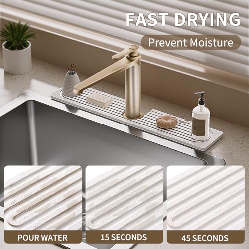 Faucet Mat for Kitchen Sink, Diatomite Stone Drying Sink Protectors, Bathroom Faucet Splash Guard, Quick Dry Water Absorbing, Non-Slip Stone Tray for Kitchen Counter, White, 20" x 3.9" - color: White, size: 20" x 3.9"