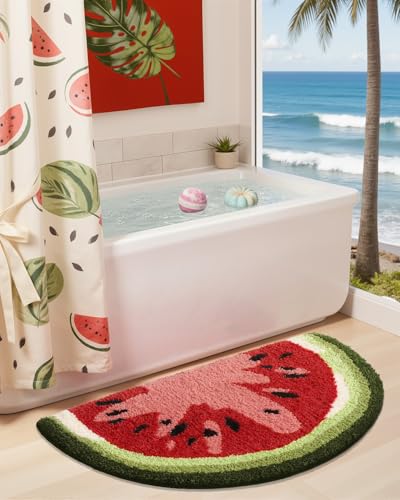 DEXI Cute Bathroom Rugs Half Round, Funny Fruits Absorbent Bath Mat Non Slip Washable, Extra Soft Plush Microfiber Bathmat for Shower Floor, Tub, Sink, Bedroom, 43x24, Watermelon - color: Watermelon-large