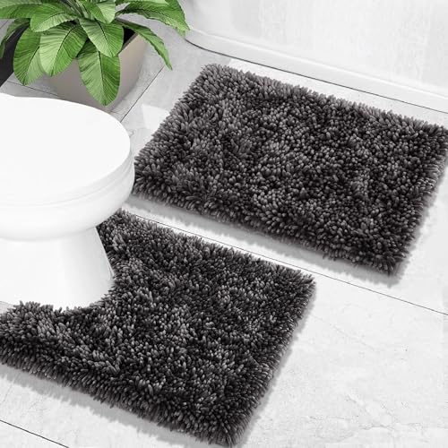 Yimobra Bathroom Rugs Sets 2 Piece, Soft Absorbent Bath Mat and U-Shaped Toilet Rug with Non Slip Backing, Luxury Shaggy Bath Mats for Bathroom, Machine Washable, 24"x17"+24"x20", Dark Grey - color: Dark Grey, size: 24x17 + 24x20 Inch