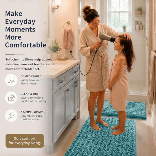 Yimobra Bathroom Rug Set 3 Piece - Super Absorbent Quick Dry Chenille Bath Mats & Toilet Rug, Non Slip Machine Washable, Extra Thick Shaggy Floor Mat for Shower Tub Sink, Teal Blue - color: Teal Blue, size: 24"x20" + 30"x20"+ 44"x24"