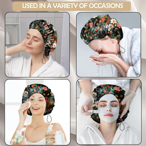 2 PCS Shower Cap Adjustable Reusable Double Waterproof Layer Elastic Hair Bath Cap Cute Aesthetic for Women Girls-Mushrooms Cat - color: I23-Mushroom Cat