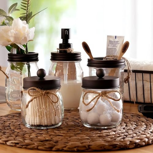 Amolliar Mason Jar Bathroom Accessories Set (4 Pcs) - Lotion Soap Dispenser & 2 Cotton Swab Holder & Toothbrush Holder-Rustic Farmhouse Decor, Countertop Vanity Organize, Bathroom Home Decor (Bronze) - size: Bronze, style: Standard-mouth