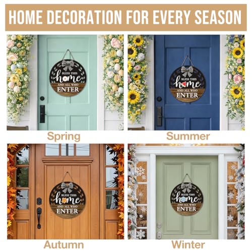 Seasonal Interchangeable Bless This Home Hanging Sign - Farmhouse Front Door Decoration for Spring All Seasons Holidays - Rustic Round Wood Wreaths with 12 Icons(Brown) - color: blessbrown