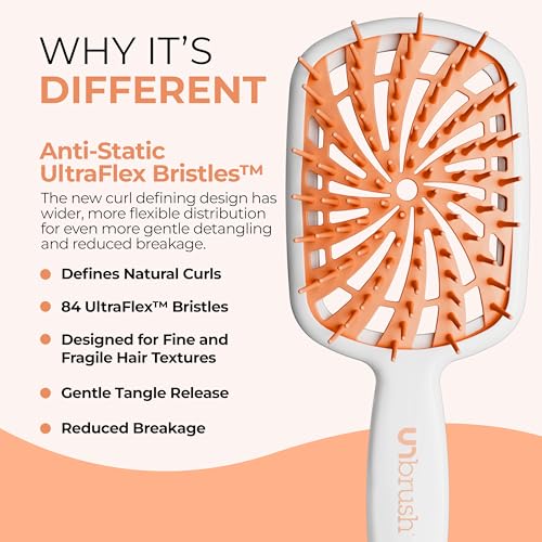 FHI Heat UNbrush Plus — Curly Hair Brush for Gentle & Effective Detangling on Wet or Dry Fragile Hair Types — Detangler Brush w/ 84 UltraFlex Bristles, Ultra-light, Vented, Anti Static Hairbrush - color: Orange Sherbet