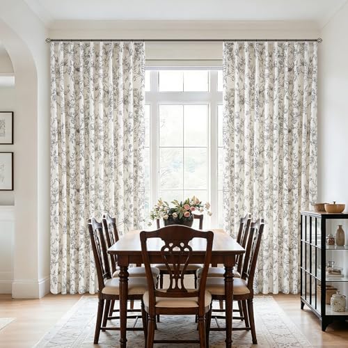 120 Inch Black Floral Linen Curtains 2 Panels Country Rustic Black and Beige White Light Filtering Lily Flower Printed Curtains Extra Long Semi Sheer Pinch Pleated Drapes for Living Room Bedroom - color: Black, size: 40"W x 120"L (Pack of 2)