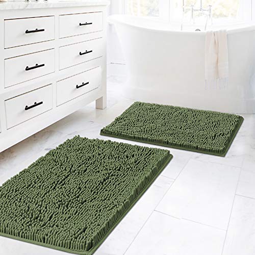 H.VERSAILTEX Non Slip Thick Shaggy Chenille Bathroom Rugs, Bath Mats for Bathroom Extra Soft and Absorbent - Bath Rugs Set for Indoor/Kitchen (Set of 2-20" x 32"/17" x 24") Loden - color: Loden, size: 20" x 32" Plus 17" x 24"