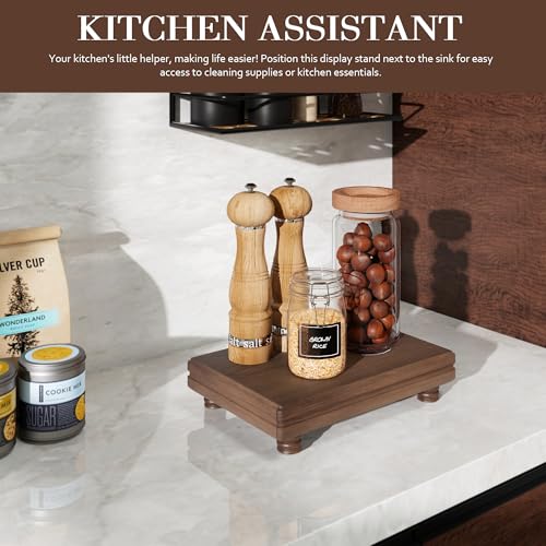 EOSAHR Decorative Tray Pedestal Stand for Home and Kitchen – Farmhouse Bathroom Counter Organizer & Soap Holder for Bathroom Decor - Wooden Tray to Elevate Home Decor (Brown) - color: Brown