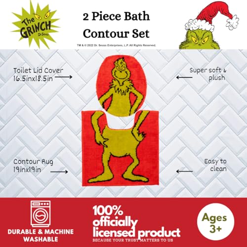 Collectibles Grinch by Dr. Seuss Holiday & Christmas Poly Knit 2 Piece Toilet Cover, Non Slip and U-Shaped Contour Toilet Mat, (Officially Licensed Product) By Franco - color: Grinch - Bath Contour Set