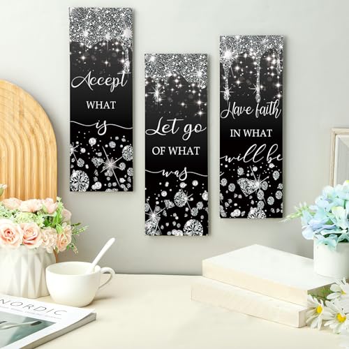 Domensi 3 Pcs Black and Silver Living Room Decorations Glitter Diamond Bathroom Wall Decor Wooden Accept Let Go Have Faith Wall Art Bathroom Decor Black Silver Shiny Drips Hanging Sign for Home Spa