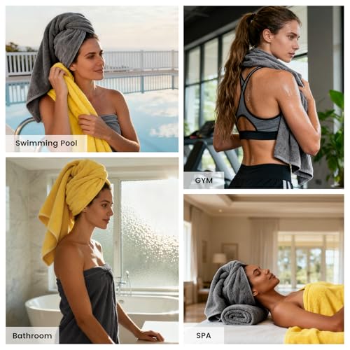 8-Piece Cotton Bath Towel Set with Hanging Loops for Bathroom, Yellow&Gray | Complete starter set for daily showers, sink-side use, small bathrooms, and guest baths, OEKO-TEX certified, easy care - color: B01: Yellow & Gray