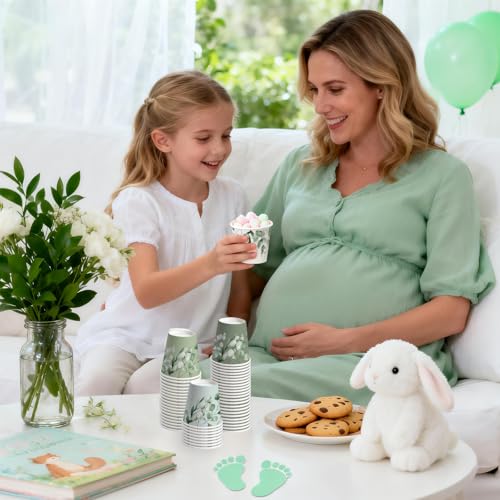 WRAPAHOLIC 3oz Eucalyptus Leaves Paper Cups - 100 Pack Disposable Bathroom Cups with Green Eucalyptus 4 Designs, Small Mouthwash Cup for Toothbrush Rinse, Home Bathroom, Baby Shower and Wedding - color: Green Eucalyptus Leaves