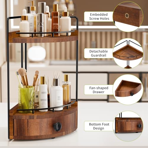 2-Tier Corner Bathroom Counter Organizer with Drawer & Embedded Screw Holes - Wooden Countertop Organizers for Skincare, Makeup Storage, Bathroom Sink Counter Shelf for Vanity, Acacia Wood-Brown - color: Acacia Wood-brown