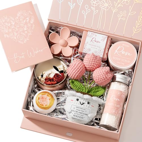 Spa Gifts for Women Bath Gift Set, Rose Relaxing Spa Gift Baskets Home Bath Set Self Care Kit Care Package Thank You Birthday Mothers Day Easter Gifts for Women Her Mom Sister Friends Teen Girls Wife - color: Pink-Rose