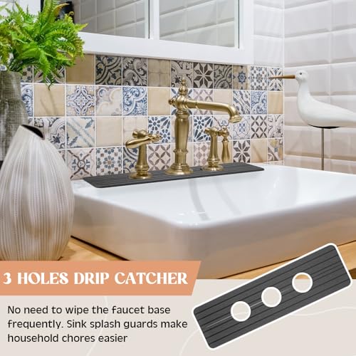 Teenyyou 3 Hole Gray Faucet Mat for Kitchen Sink Bathroom 15.94" x 4.92" Kitchen Faucet Absorbent Mat Diatomite Splash Guard Quick Drying Stone Drip Catcher Hole 2.36" Holes Spaced About 1.65" - color: Gray, style: 3 Hole