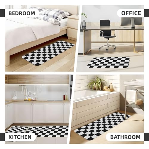 Black and White Checkered Kitchen Rugs Microfiber Floor Mats Checkerboard Cushioned Carpet Runner Rug for Laundry Bathroom Living Room, 2 Piece Set 17"X 47" + 17"X 30" - color: Black and White Checkered