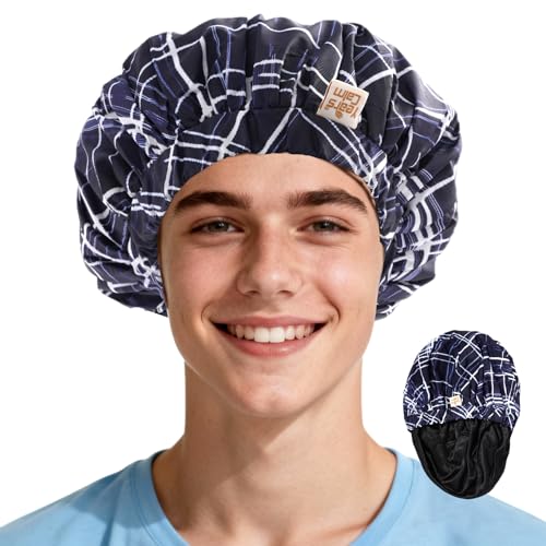 Years calm Shower Cap for Men Waterproof Reusable - Fashion Dual-Layer Design, Adjustable Elastic Band for Long & Curly Hair, XL Bath & Spa Cap for Travel, Satin Lined Shower Cap Black - color: Shadow of the Sea