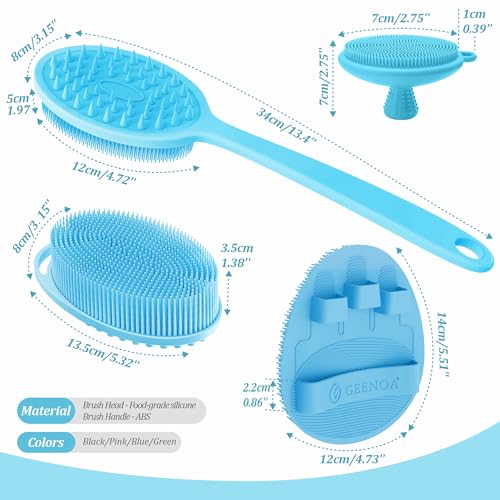Silicone Back/Body/Face Scrubber & Soft Bath Glove Set 4PCS, Gentle Exfoliating Back & Body Scrubber with Dual-Side Brush Head, Hand-fit Bath Glove & Face Scrubber for Deep Cleaning(Blue-4PC) - color: Blue*4
