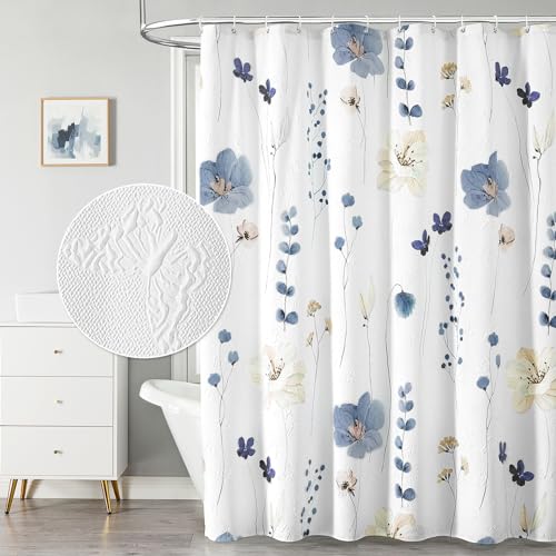 QiyI Watercolor Floral Shower Curtain, 3D Embossed Butterflies Grey Beige Flower Bathroom Curtains, Minimalist White Cloth Bath Curtain, Waterproof Fabric Textured Shower Curtain Set with Hooks, 72x72 - color: Grey, size: 72"W x 72"L (Pack of 1)