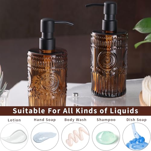 17 OZ Sunflower Embossed Glass Soap Dispenser - 2 Pack, with 304 Rust Proof Stainless Steel Pump, Glass Soap and Lotion Dispenser Set, Liquid Hand Soap Dispenser for Home, Kitchen & Bathroom (Amber) - color: Amber