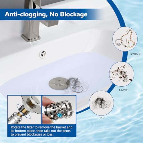 Hibbent Upgraded 3 in 1 Bathroom Sink Drain Strainer, Universal Pop Up Stopper with Removable Stainless Steel Filter Basket Hair Catcher, Sink Plug for 1.1''~2.36'' Basin, Brass Core, Brushed Nickel - color: Brushed Nickel