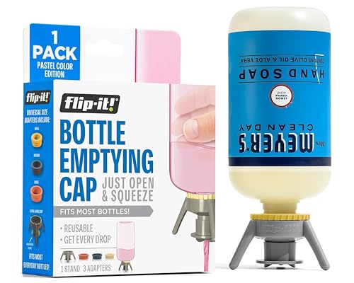 Flip-It! 1-Pack Bottle Emptying Kit – No more wasted product - Fits most plastic bottles – Get out every drop of Shampoos, Lotions, & More – 1 Base Cap, 3 Adapters – Pastel Color Edition - color: Pastel, size: 1-Pack