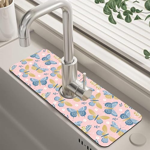 Kitchen Sink Splash Guard Faucet Mat Super Absorbent Fast Drying Mat Guard Behind Faucet Drip Catcher for Kitchen Bathroom (Butterflies and Chamomile, 23.5"X5.5") - color: A-Butterflies and Chamomile