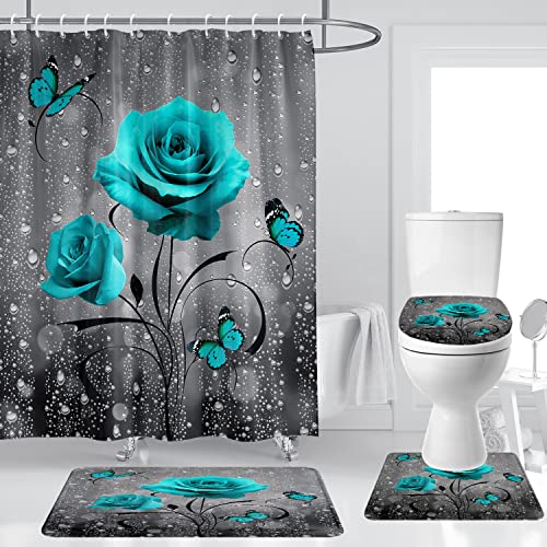Teal Rose Shower Curtain Set Bathroom Rugs Flower Aqua Bath Mat Non-Slip Soft Toilet Lid Cover Absorbent Bath Rug Kitchen Floor Carpet 60x72 Inch - color: Teal