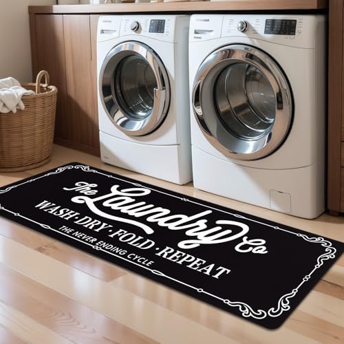 Pauwer Laundry Room Rug Runner 20"x60" Waterproof Rubber Laundry Mat Non Slip Kitchen Mats for Floor Washable Floor Mat Runner Rug for Farmhouse Mudroom Washroom Bathroom Decor - color: Black a, size: 1'8" x 5'
