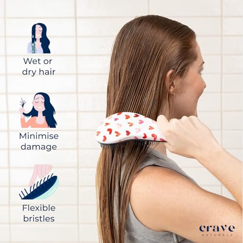 Crave Naturals Glide Thru Hair Brush - Detangler Brush for Curly, Straight, Wet or Dry Hair - Gentle Detangling Brusheses for Adults, Kids, Toddlers - Hair Accessories for Women, 7.5"x3" - Pink Hearts - color: Hearts, size: 1 Pack (Regular)