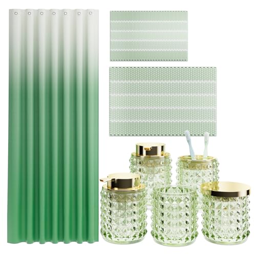 XLHOMO Bathroom Sets with Shower Curtain and Rugs and Accessories, Glass Bathroom Accessories Set Green Bathroom Set Bathroom Sets, Green Bath Mat and Diamond Soap Dispenser for Bathroom Decor - size: Bath Set+Shower Curtain+Bath Rugs