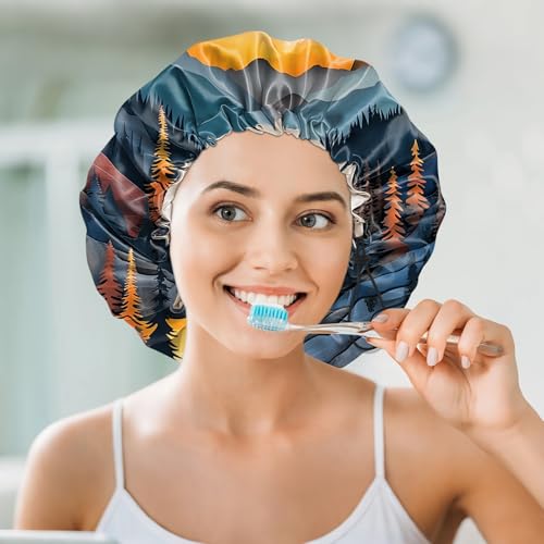 Luxury Shower Cap Silk Satin Lined Waterproof Reusable Adjustable Elastic Dry Hair Bathing Caps Cute for Women Girls-Sunset - color: C-12-Sunset