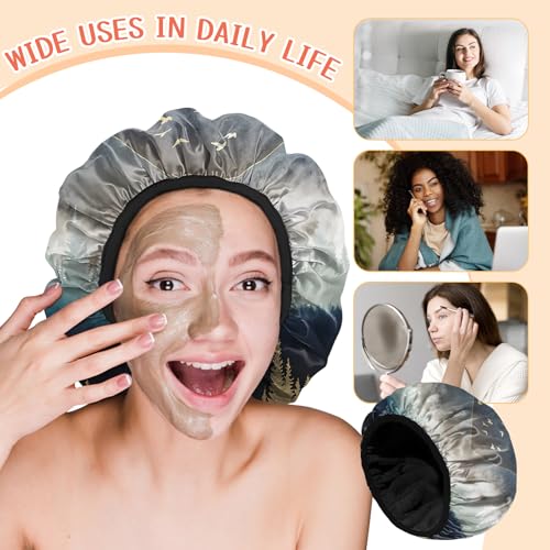 Luxury Shower Cap Terry Lined Reusable Triple Layer Waterproof Hair Elastic Caps Shower Bath Hat for Women Girls Cute Aesthetic-Forest - color: AL14-Forest