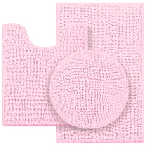 HOMEIDEAS 3 Pieces Light Pink Bathroom Rugs Set, Ultra Soft Non Slip Bath Rug and Absorbent Chenille Bath Mat, Includes U-Shaped Contour Rug, Bath Mat and Toilet Lid Cover, Perfect for Bathroom, Tub - color: Light Pink, size: 20"x32"+U 20"x24"+Cover 18"x2