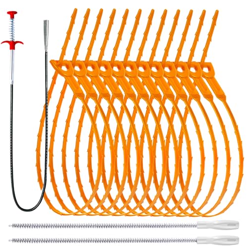 60inch Drain Snake (1pc), 20inch Hair Drain Clog Remover (12 pcs) & 18Inch Cleaner Brush (2 pcs), Sink Plumbing Snake Drain Tool Unclogger Tool Set For Kitchen, Bathroom Tub, Sewer, Toilet - style: 12pcs 20inch+1pcs 60inch+2pcs Cleaner Brush