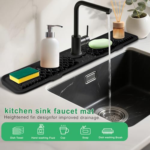 24 Inch Faucet Mat For Kitchen Sink ，5°Slope Fast Draining Silicone Mat , For Kitchen Sink Splash Guard, Bathroom Faucet Draining gadgets (black, 24" x 5.7")